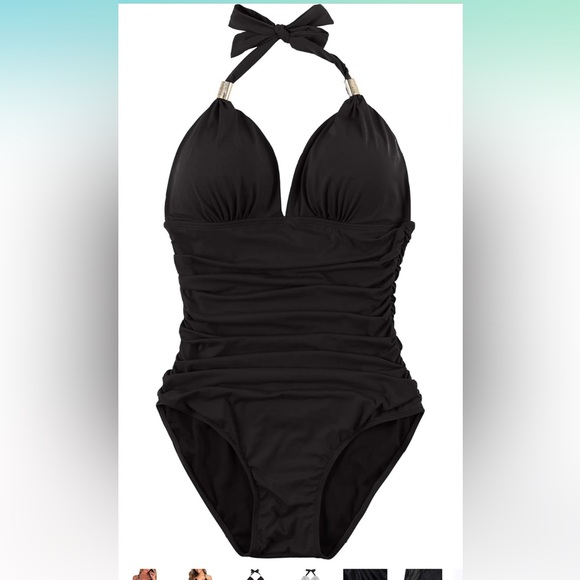 Women V Neck One Piece Swimsuits Tummy Control Ruched Halter Bathing Suit - Picture 3 of 12